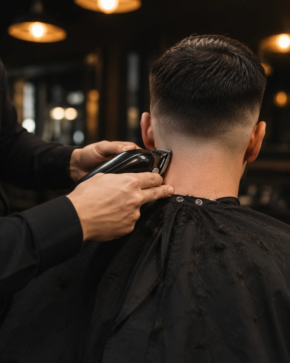 Barber blending a skin fade with clippers on a male client